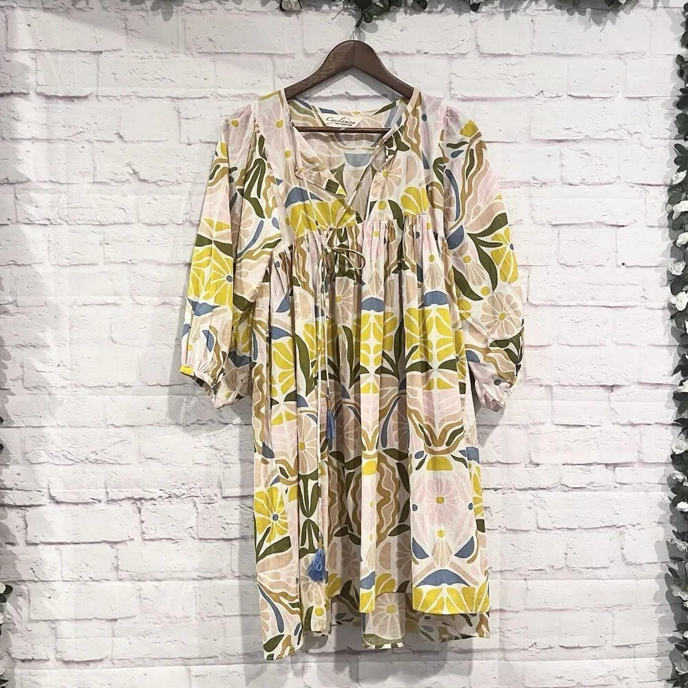 Cyclamen Bloom Kaftan Pleated Tunic Cotton Dress Flower Print Size Small‎ V Neck